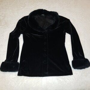 Black Velour Button Up Cardigan with Faux Fur Trim Size M